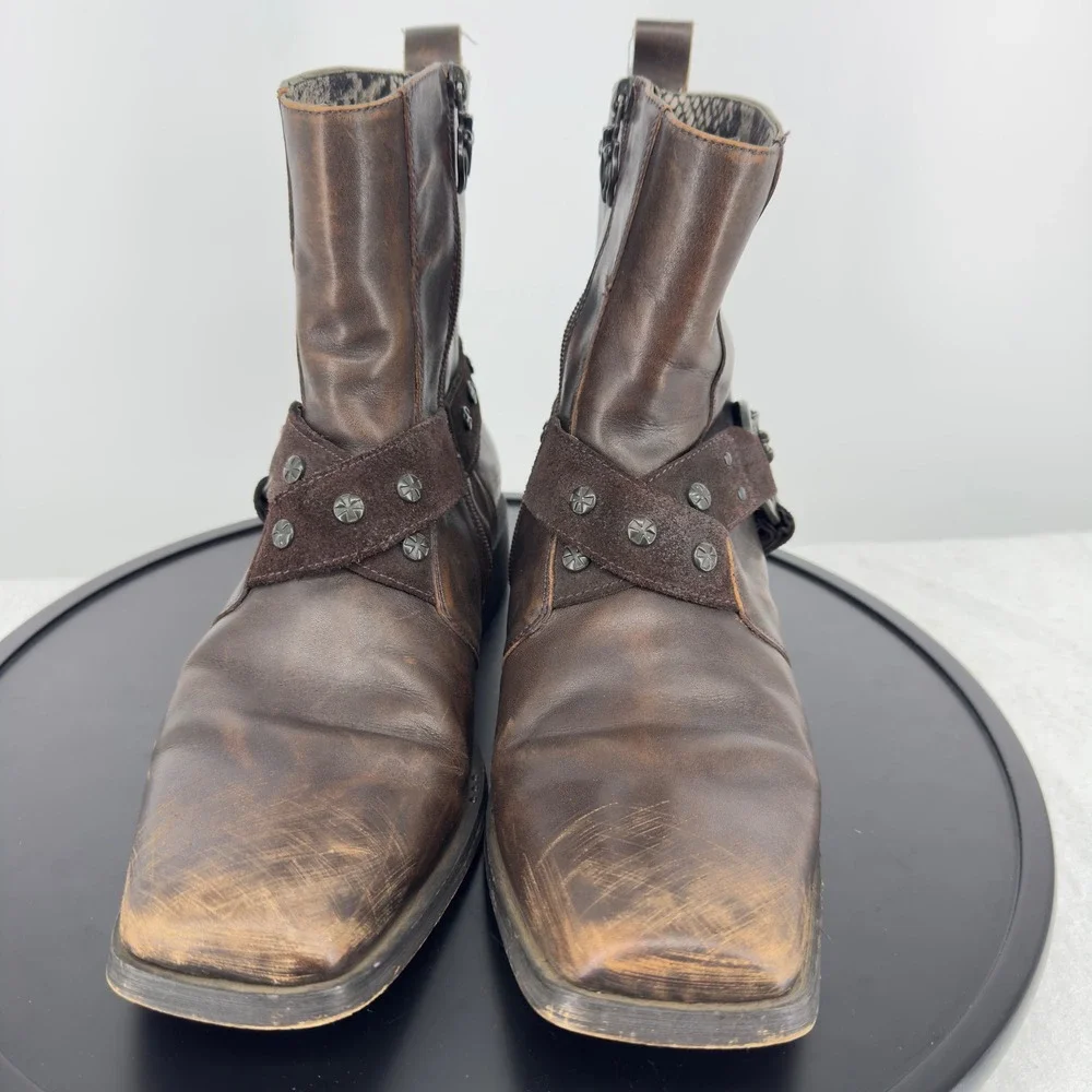 Mark Nason Lounge Brown Leather Harness Biker Boots Mens 8 Distressed Square Toe
